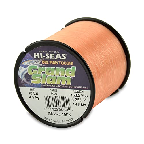 HI-SEAS Grand Slam Monofilament Fishing Line - Strong & Abrasion Resistant in Clear, Pink, Green, Smoke Blue, Fluorescent Yellow Freshwater & Saltwater – Quarter Pound Spool - color: Pink, style: 10 Lb Test, 0.30 Mm Dia, 1480 Yd
