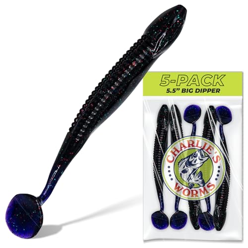 Charlie's Worms Big Dipper Scented Soft Bait for Freshwater & Saltwater Fishing, Paddle Tail Swimbait Lures, Plastic Minnows, Bass, Walleye, Trout, Snakehead, with Variety of Colors (5 Pack) - color: JW Black Grape Green Red Glitter