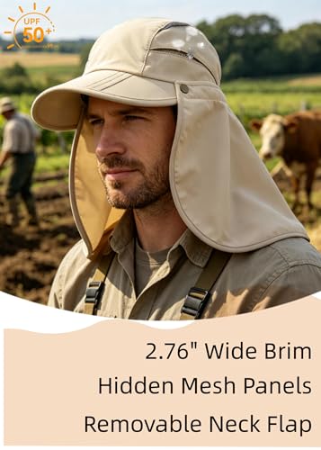 Men Women Safari Fishing Sun Cap with Removable Neck Flap UPF 50+ UV Protection Quick Dry Breathable Hats - color: Khaki