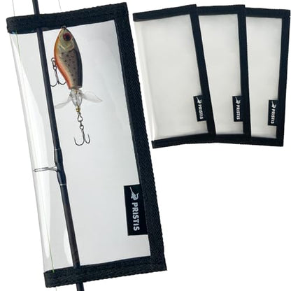 Pristis 4 Pack Fishing Lure Wraps, Clear Hook Cover Bait Keeper for Saltwater Freshwater, Durable PVC Tackle Storage Bag Kit with Hook & Loop Tape, 7.5''L Easy Open Organizer Protector Gear