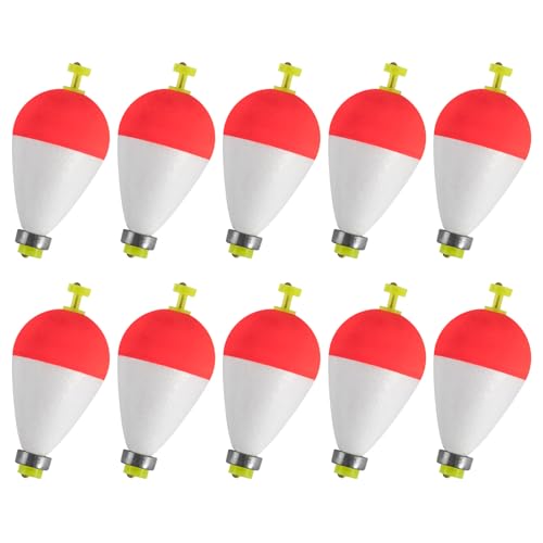 Alwonder 10 Pack Fishing Bobbers Floats, Weighted Bobbers for Fishing Pear Shape EVA Foam Oval Snap-on Floats Corks Floaters Buoys for Crappie Bass Panfish Bluegills Trout - color: Red&White, size: 1.6IN - 9/32OZ