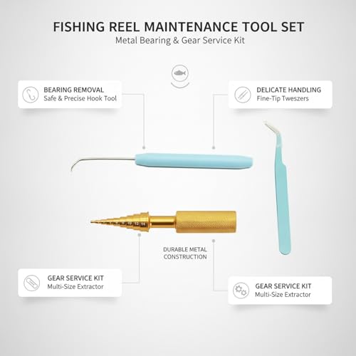 Fishing Reel Maintenance Tool Set, Metal Bearing Service Tool and Gear Service Kit for Spinning and Baitcasting Reels (Set of 3) - color: Gold