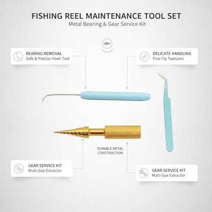 Fishing Reel Maintenance Tool Set, Metal Bearing Service Tool and Gear Service Kit for Spinning and Baitcasting Reels (Set of 3) - color: Gold