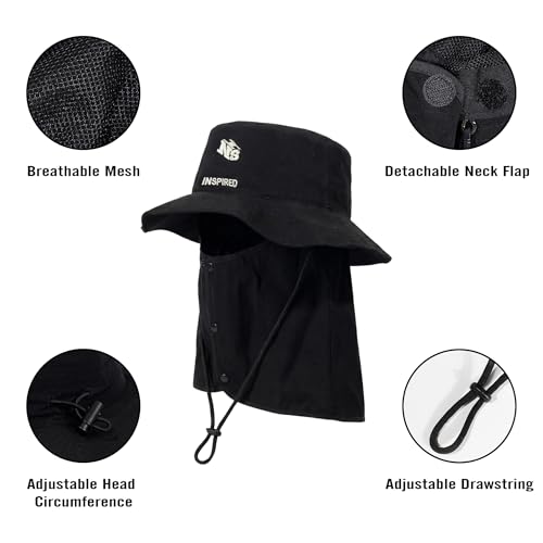 Bucket Hat for Men Women,Waterproof Sun Hat UV Protection with Detachable Face Neck Flap for Outdoors - color: Black+khaki