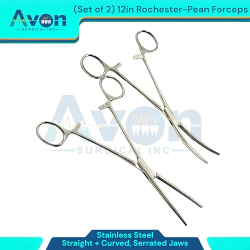 Pack of 2pcs - 12" Pean Hemostat Forceps with Serated Jaws | Curved + Straight | Autoclave-Safe Stainless Steel Fishing Pliers, Multi-Purpose