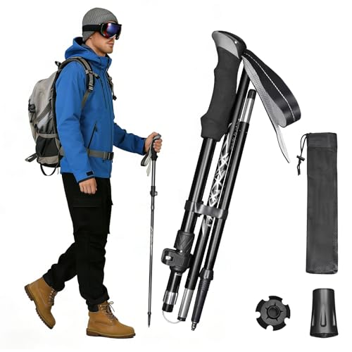 Deepfeel Collapsible Trekking Pole Adjustable Hiking Pole - Aluminum Alloy 7075 Walking Stick with Telescopic & Foldable Tri-fold Design for Travel Camping Climbing Walking - color: Black
