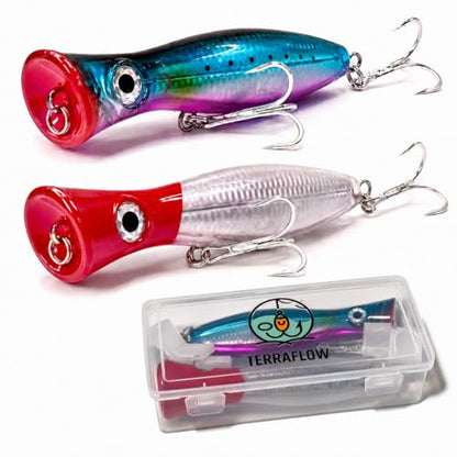 6.7-Inch Offshore Saltwater Popper Lures, 3.27 oz Topwater Fishing Lures for Long Casting & Boat Trolling, Tuna, Striped Bass, Bluefish & GT, Heavy-Duty Treble Hooks, 2-Pack with Storage Box