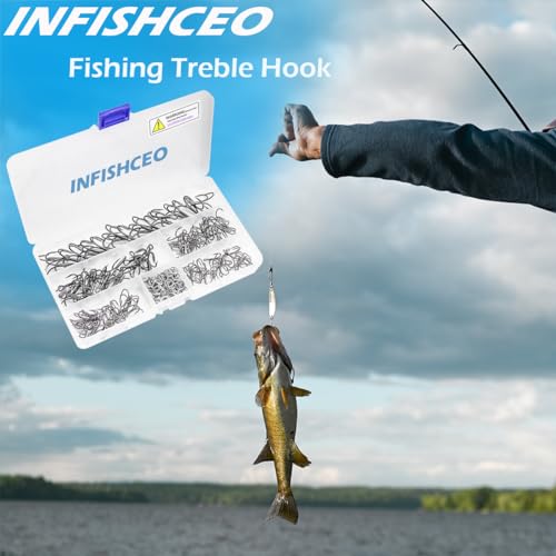 Fishing Treble Hooks Kit, Large Size High Carbon Steel Hooks 3X Strong Sharp Round Bend Hooks with Split Rings for Saltwater Freshwater Fishing 200pcs/Box Mixed 5 Size 2 4 6 8 10 - color: Black