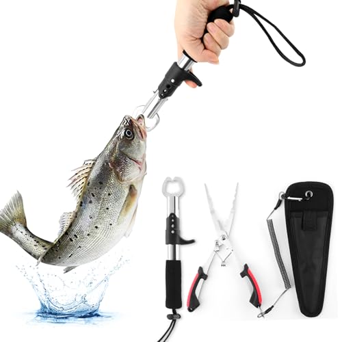 Stainless Steel Fishing Pliers and Fish Gripper Set with Sheath & Lanyard - Multifunctional Fishing Tool Kit for Saltwater Freshwater, Hook Remover, Line Cutter, Crimping - color: Red