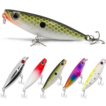 3D Lifelike Fishing Lures with Zigzag Action – Topwater Hard Bait Jigs for Bass, Trout, Walleye, Pike, Salmon – 5 Pc, High Carbon Steel Treble Hooks, Fresh/Saltwater