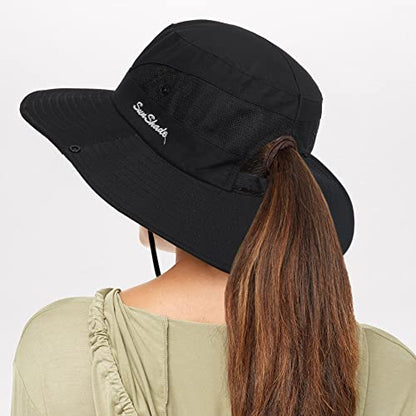 Sun Hat for Women Summer UV Protection Beach Hat Wide Brim Mesh Bucket Fishing Hat with Ponytail Hole Foldable Packable Hat - color: Black(with Ponytail Hole)