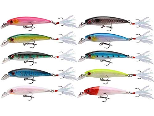 Minnow Fishing Lures Hard Bait Life-Like Swimbait Bass Crankbait 3D Fishing Eyes Treble Hooks Flasher Feathers for Bass Trout Walleye Redfish Saltwater Freshwater