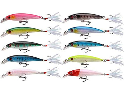 Minnow Fishing Lures Hard Bait Life-Like Swimbait Bass Crankbait 3D Fishing Eyes Treble Hooks Flasher Feathers for Bass Trout Walleye Redfish Saltwater Freshwater