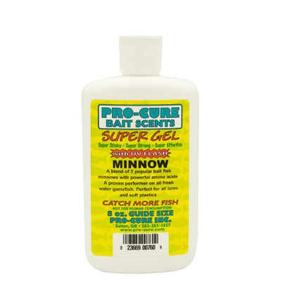 Pro-Cure Minnow Super Gel, 8 Ounce | Made of a blend of 5 100% real minnows and UV enhanced bite stimulants.