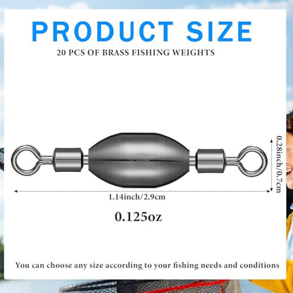 Seenelling 20 Pcs Brass Fishing Sinker Swivel Fishing Weights Saltwater Bullet Sinkers Drop Shot Weight Egg Sinkers with Swivel Rolling Removable Freshwater - size: 1/8 oz