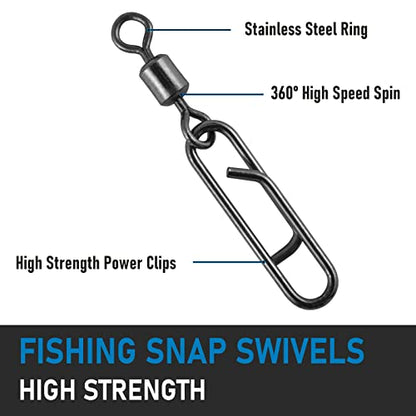 Dr.Fish Fishing Clips with Swivels, Speed Power Clips with Barrel Swivels Quick Change Lure Snap Swivels Fishing Tackle Leader Line Connector for Freshwater & Saltwater - size: #8(0.75")-42LB-50 Pack