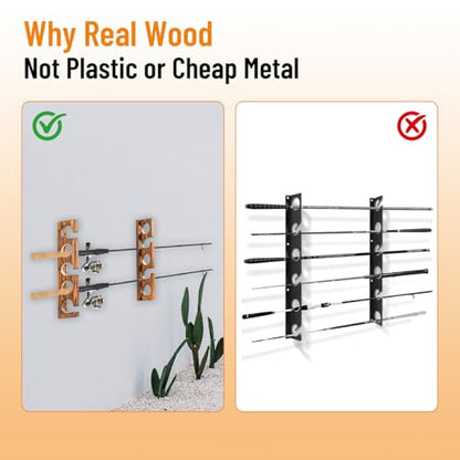 PEKER Fishing Rod Holder for Wall, Solid Wood Wall Mount Fishing Rod Rack for 5 Poles, Secure Rod Storage Organizer for Garage, Fishing Room, Home – No Tangling & Space Saving