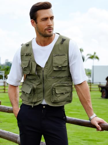 Gihuo Mens Fishing Vest Lightweight Utility Vests Cargo Outdoor Safari Travel Vest with Pockets - color: Army, size: Medium