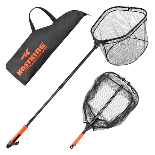 KastKing Brutus Folding Landing Net with Boat Hook, Foldable, Extendable, Lightweight & Strong, Multi-Functional Built-in Boat Hook, Non-Slip & Bright Orange TPR Handle, Two Nets Options - style: Pvc Net - 75" Full