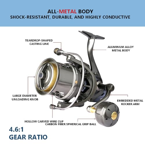 MF Surf Fishing Reel,10000 12000 Size,Long Cast Spinning Reel,56LB Drag Power, 4.6:1 Speed Ratio, Aluminum Spool+ CNC Machine Handle&Carbon Knob, Large Cpacity for Beach & Offshore Fishing