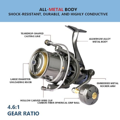 MF Surf Fishing Reel,10000 12000 Size,Long Cast Spinning Reel,56LB Drag Power, 4.6:1 Speed Ratio, Aluminum Spool+ CNC Machine Handle&Carbon Knob, Large Cpacity for Beach & Offshore Fishing