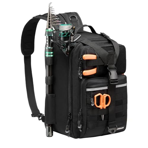 BASSDASH Convertible Fishing Backpack Sling Bag with Rod Holder, Adjustable Tactical Water-Resistant Tackle Storage Pack FP07 - color: Black, size: Large