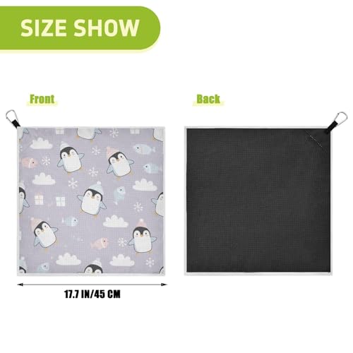 Christmas Penguins Fish Purple Print Magnetic Golf Towel for Golf Bags Microfiber Golf Accessories for Women Men with Carabiner Clip Attaches to Clubs and Carts, 17.7"x17.7"
