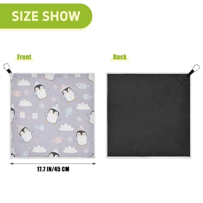 Christmas Penguins Fish Purple Print Magnetic Golf Towel for Golf Bags Microfiber Golf Accessories for Women Men with Carabiner Clip Attaches to Clubs and Carts, 17.7"x17.7"