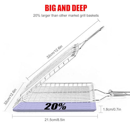 Grill Baskets Fish Grilling Basket for Outdoor Grilling Barbecue Stainless Steel Folding Grill Accessories with Removable Handle, Grill Basket for Bar, Camping, Picnics & Parties. Amazing Grill