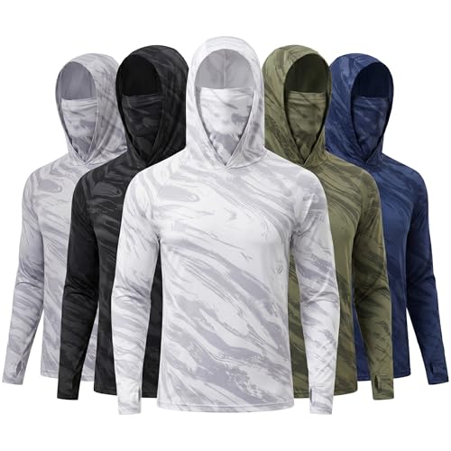 5 Pack Men's Camouflage Long Sleeve Hooded Shirt with Balaclava Face Mask,Sun Protection Fishing Hunting Rash Guard - color: 5color a Set, size: 3X-Large
