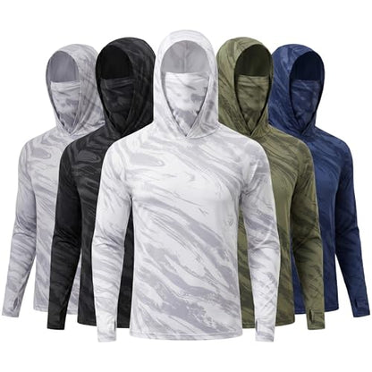 5 Pack Men's Camouflage Long Sleeve Hooded Shirt with Balaclava Face Mask,Sun Protection Fishing Hunting Rash Guard - color: 5color a Set, size: Medium