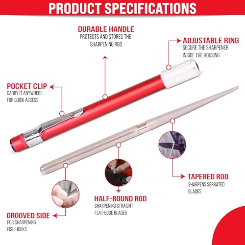 Serrated Knife Sharpener Rod - Retractable Diamond Sharpening Rod - Ultra Portable Diamond Knife Sharpener Rod - Mini Pocket Sharpener for Outdoor Hunting Fishing (FE-RDSR) - size: Standard