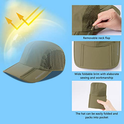 BASSDASH UPF 50+ Foldable Fishing Hat Baseball Cap with Removable Neck Flap Portable for Men Women Golf Hiking - color: Khaki With Foldable Brim