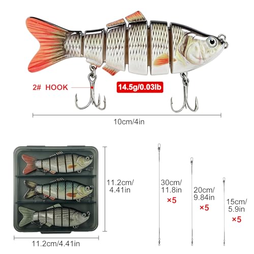 3 Pcs Multi Jointed Bass Fishing Lures, Jointed Swimbaits with 15pcs Fishing Leaders, Slow Sinking Bionic Swimming Lures for Panfish Trout Bass Lifelike Fishing Lures Topwater Freshwater Saltwater
