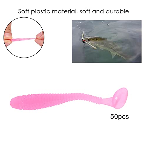 50PCS Fishing Lures Bass Worm Bait, 5cm Soft Plastic Fishing Lures T Tail Grub Worm Baits Fish Tackle Accessory - color: Pink