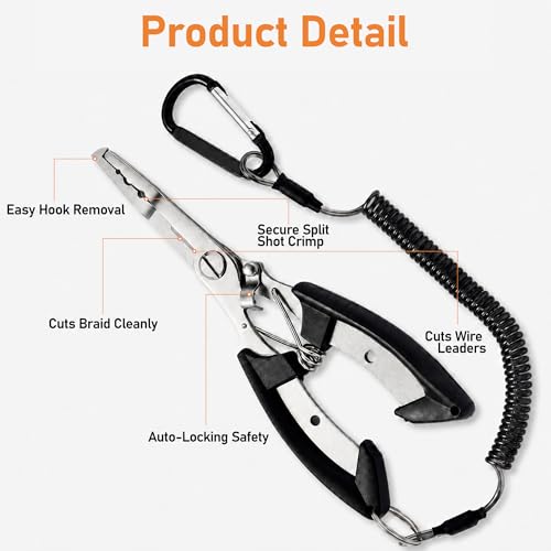 6.5 Inch Long Black Fish Pliers, Lockable Stainless Steel Fishing Tool with Lanyard, Durable Fishing Pliers with Line Cutter for Saltwater & Freshwater Hook Remover