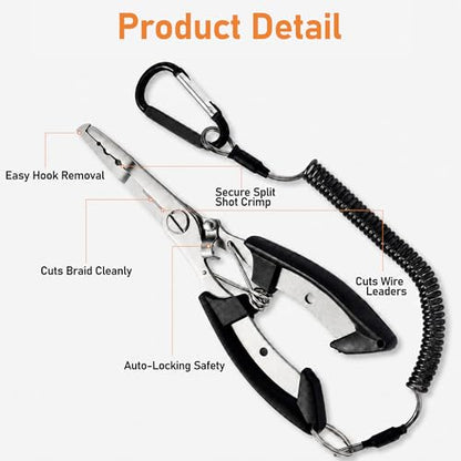 6.5 Inch Long Black Fish Pliers, Lockable Stainless Steel Fishing Tool with Lanyard, Durable Fishing Pliers with Line Cutter for Saltwater & Freshwater Hook Remover