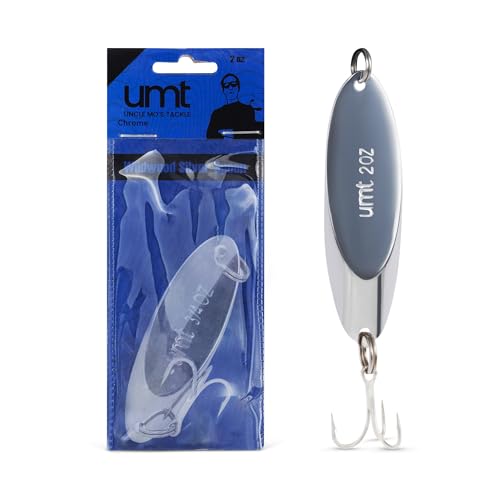 UMT Chrome Fishing Spoon Lure 3/4oz,1oz, 2oz – Sharp 3/0 Treble Hook for Freshwater & Saltwater Bluefish, Trout, Steelhead 1, 5, 10 Pack Options - size: 5 Pack