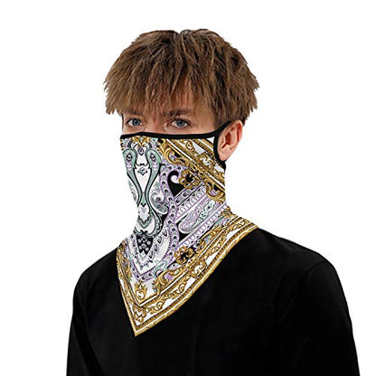 YAYOUREL Neck Gaiter Face Mask Bandanas for Men Women UV Face Scarf Cover Ear Loop Hole Facemask for Fishing Running Cycling - color: Gold White Purple