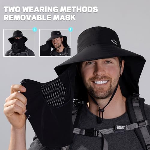 Rosoz Sun Hat for Men Women with Neck Flap,Wide Brim UPF50+ Fishing Hat with Detachable Face Cover Outdoor Sun Protection Hat - color: 1pack-black