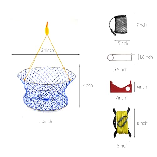 Stainless Collapsible Crab Net with 100ft Rope, Bait Bag, Clip & Ruler – 6 Pieces Portable Crab Trap for Easy Storage – Durable Grid Design for Dock & Pier Crabbing - size: 24 inch