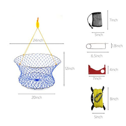 Stainless Collapsible Crab Net with 100ft Rope, Bait Bag, Clip & Ruler – 6 Pieces Portable Crab Trap for Easy Storage – Durable Grid Design for Dock & Pier Crabbing - size: 24 inch