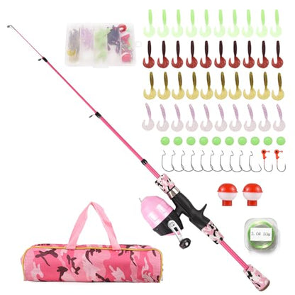 Kids Fishing Rod and Reel Combo, 47in/59inTelescopic Fishing Pole Portable Fishing Kits Lightweight with Fishing Lures Fishing Lines Fishing Hooks - color: Pink, size: 1.2m