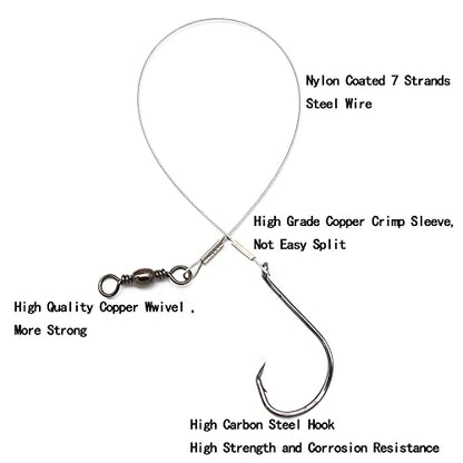 1#-8/0# Offset Octopus Hooks Rig, Fishing Wire Leader -Heavy Duty Stainless Steel Wire Line Leaders with Rolling Swivel and Barb Hooks, Fishing Lure Bait Rig Saltwater… - size: 3/0#