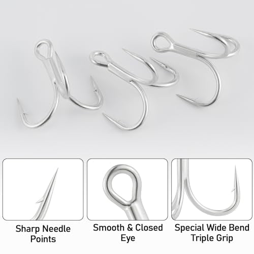 Dr.Fish 30 Pack 4X O'Shaughnessy Treble Hooks in-line Triple Hooks Saltwater & Frshwater Replacement Catfish Bass Striper - size: #1/0-30 Pack