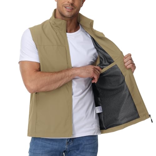Eisctnd Mens Lightweight Quick Dry Vest Sleeveless Outdwear Utility Jacket | Utility Sleeveless Vest with Multi Pockets, Outerwear Hiking Fishing Photography Camping Travel Outdoor - color: Khaki, size: Small