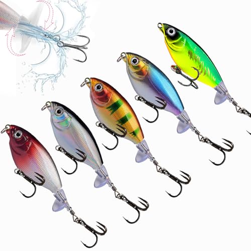 Topwater Fishing Lures for bass Whopper Popper Lures with Rotating Tail for Freshwater or Saltwater bass Catfish Pike Perch Floating Pencil Bass Bait (Variegated, Medium)