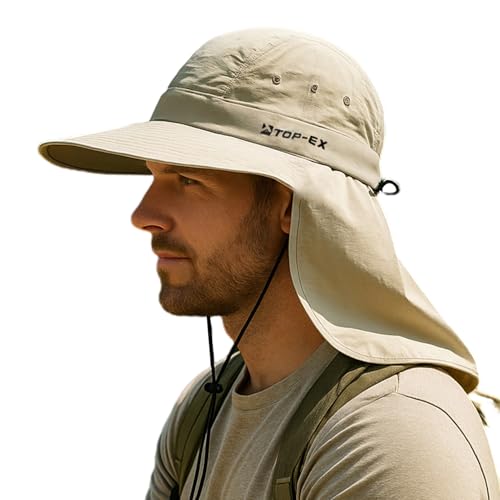 TOP-EX Cooling Sun Hat with Neck Flap – UPF 50+ Wide Brim Breathable Hat for Hiking, Fishing & Big Heads - color: Light Khaki, size: Medium-Large