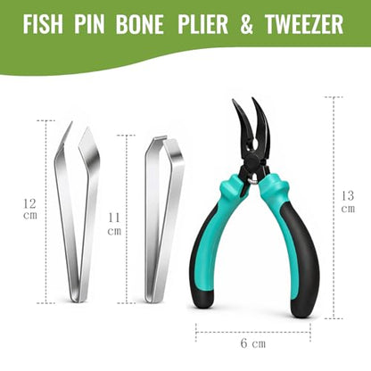 Fish Pin Bone Pliers & Tweezers Set – Serrated Jaw Plier with Flat & Slant Tweezers, Rust-Resistant Deboning Tools for Salmon, Trout & Seafood