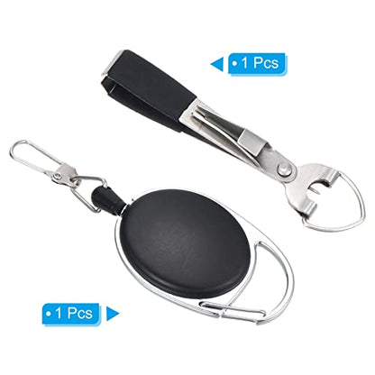 PATIKIL Fishing Quick Knot Tying Tool Stainless Steel 4 in 1 Fly Line Clipper with Fishing Retractor Combo for Angler Vest Pack Tool Gear, Black Silver